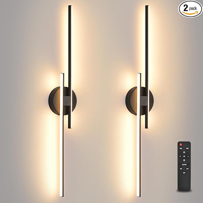 Rechargeable Battery Operated Wall Sconce Set Of Two, Black Wireless LED Wall Sconces With Remote Control, Dimmable 3 Colors Cordless wall lights for Living Room, bedroom, Hallway, 31.4 Inch ( 2pcs)