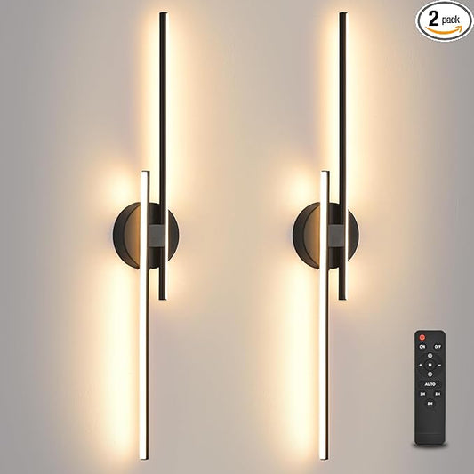 Rechargeable Battery Operated Wall Sconce Set Of Two, Black Wireless LED Wall Sconces With Remote Control, Dimmable 3 Colors Cordless wall lights for Living Room, bedroom, Hallway, 31.4 Inch ( 2pcs)