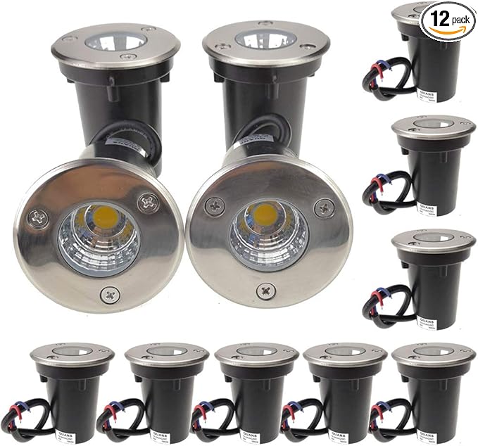 QUANS 3W Watt Warm White 12V 24V DC AC Low Voltage in Ground Well Outdoor LED Light, in-Ground Landscape Lighting Spotlight for Deck, Step, Pathway, Driveway, Garden, Yard, Patio,12 Pack
