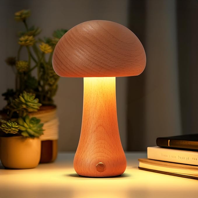 Small Wood Mushroom Lamp, LED Cordless Bedside Touch, Portable Dimmable Battery Mushroom Lamp for Bedroom Nightstand