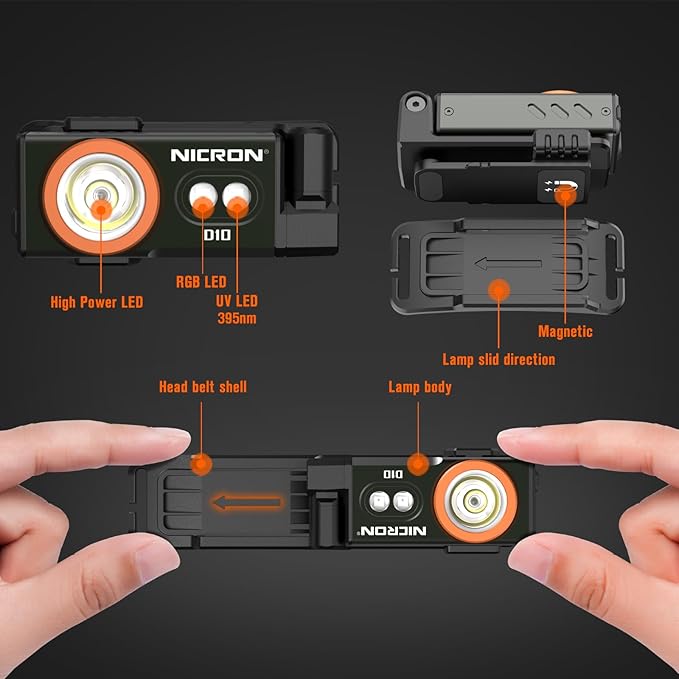 NICRON D10 EDC Flashlight Rechargeable，500 Lumens 3 Sources Pocket Compact RGB Flashlight with Headlamp Strip，Magnet Base for Fishing Outdoor Working