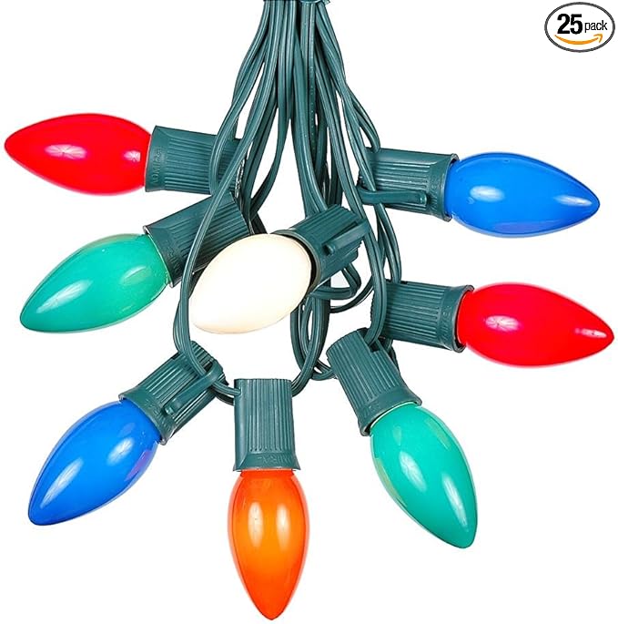 25 Foot C9 Multi Ceramic Christmas Lights Set - Indoor/Outdoor Christmas Light String - Christmas Tree Lights – Opaque Christmas Bulbs - Roofline Light String – Outdoor String Lights - Green Wire