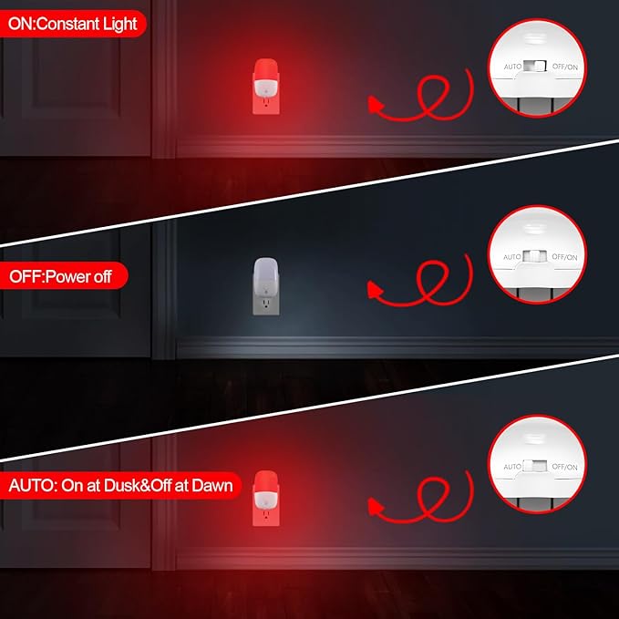 670nm Red Night Light with Retractable Plug [4 Pack] - Zero Blue Light, with Dusk to Dawn Sensor - Auto On/Off 0.3W LED Night Light Plug into Wall Pefect for Bedroom,Bathroom,Nursery,Hallway