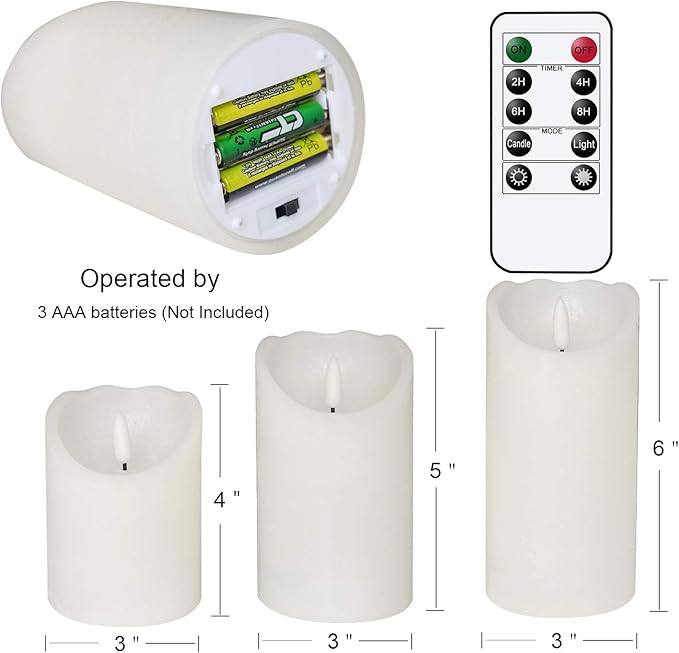 Eldnacele Flameless Flickering Candles with Remote Timer, 3D Wick Real Wax Battery Operated White Pillar Candles with Remote Set of 3 for Home Wedding Party Christmas Decoration (D3” x H4”5”6”)