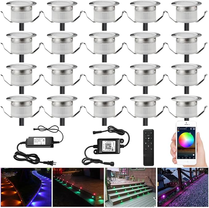 Sumaote LED Deck Lights Kit, 20pcs Φ1.22 WiFi Wireless Smart Phone Control Low Voltage Recessed RGB Deck Stair Lights Waterproof Outdoor Step Yard Path Landscape Decor, Fit for Alexa, Google Home