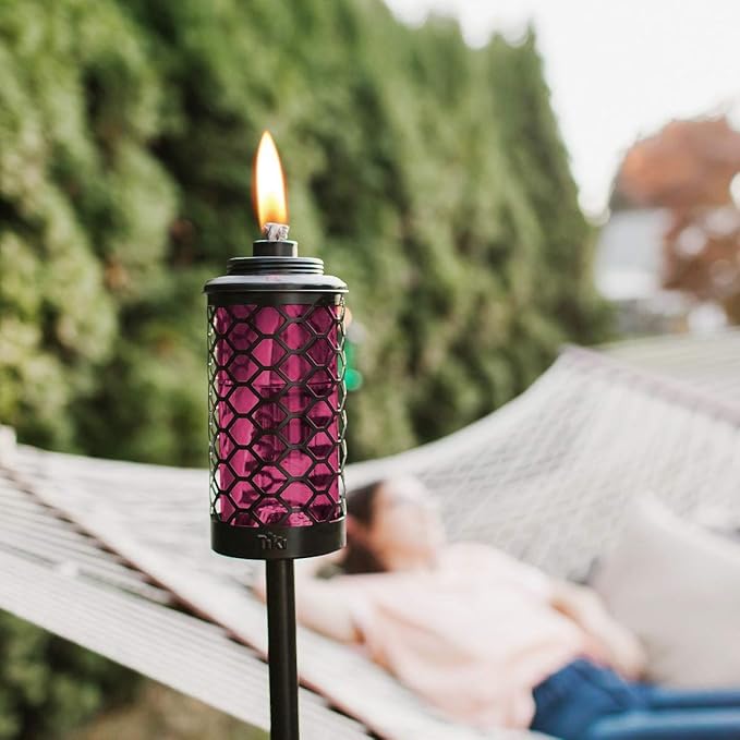 TIKI Convertible 65" Honeycomb Glass Torch – Burgundy Outdoor Decorative Lighting for Patio, Lawn & Backyard Décor | Weather-Resistant | Includes Long-Lasting Wick & Snuffer