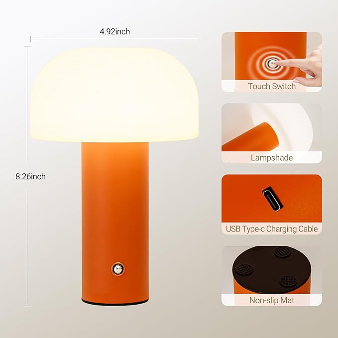 Cordless Mushroom Table Lamp Rechargeable,4000mAH Portable Battery Operated Lamp,3 Color Stepless Dimming Modern Lamps for Bedside Lamps,Touch Dimming Night Light for Home/Restaurant Orange