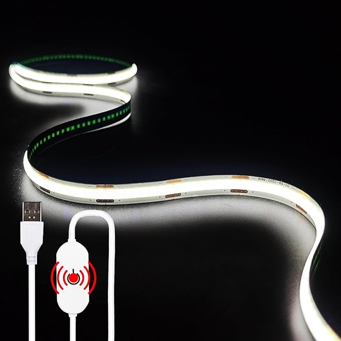 USB LED Light Strip, 6000K White COB LED Strip Lights, 6.56FT TV Lights Flexible Small Led Lights with Touch Switch Controller White 5V LED Strip Light for TV Backlight Bedroom