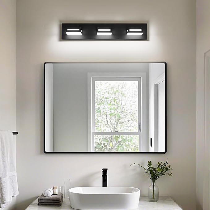 24-Inch 3-Light LED Modern Black Bathroom Vanity Light Fixtures Over Mirror, Bathroom Lighting Fixtures with Cool White 6000K, Vanity Wall Lights for Bath Restroom Powder Room