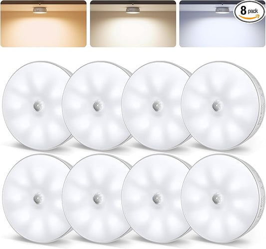 EZVALO 8 Pack Motion Sensor Closet Lights, 1200mAh Rechargeable Under Cabinet Lights, Night Lights, Puck Lights, Dimmable, 3 Color Temps, Magnetic, Stick on for Kitchen, Stairs, Closet