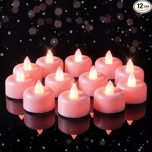 Amagic 12 Pack Pink Flameless LED Tea Lights Candles Battery Operated, Electric Fake Tealight Candles for Votive, Wedding, Table Centerpiece, Theme Party, Aniversary, Proposal, Christmas, Pink Base