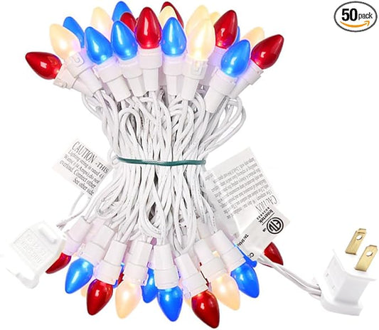 4th of July Decoration Patriotic LED C3 Glass Mini Lights 50 Count Red White Blue Plug in String Lights 120V ETL Cerfified Plug in for Indoor Outdoor Christmas Party Patio Independence Day Decoration