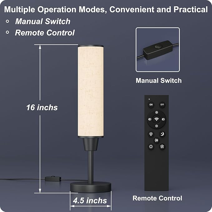 Table Lamp with Remote，Bedside Lamps for Night Stands, Nightstand Lamp with Adjustable Brightness (10%-100%) and Color Temperature (3000k-6000k),Small Lamp for Bedroom (Black - Beige Linen)