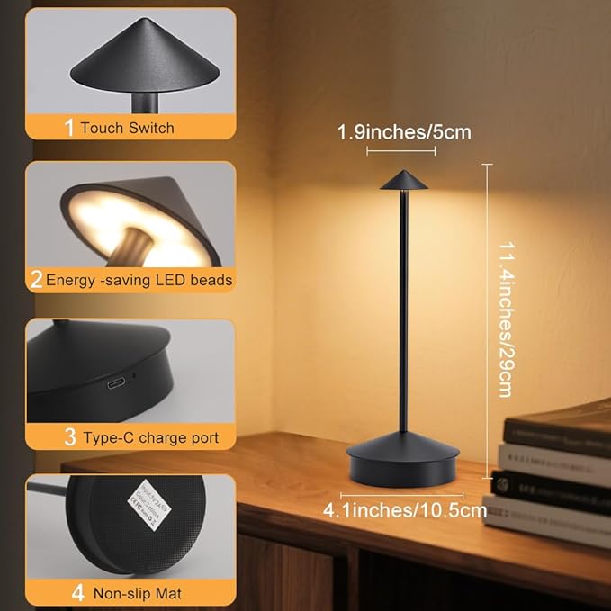 2 Pack Aluminum Cordless Table Lamp, 6000mAh Rechargeable Table Lamps, Portable Touch LED Lamp, Outdoor Waterproof Dimmable Cordless Rechargeable Table Lamps for Restaurant/Patio- Black (Black)