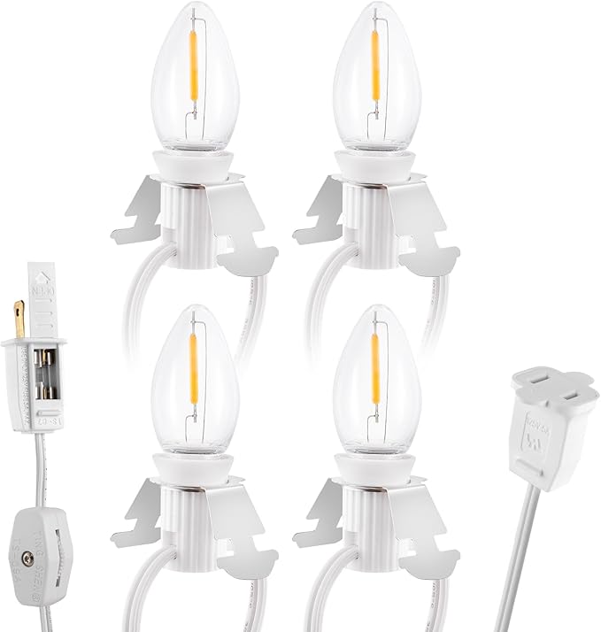 Christmas Village Lights with 4 LED Warm-White Bulb,Decoration for Christmas Village Houses, Pumpkin Crafts Halloween Holiday Decoration,C7 Village Light Cord