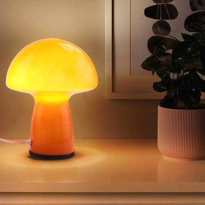 Mushroom lamp,Dimmable Glass Table Lamp,Vintage Style Table Lamp,Red Bedside Desk lamp,Cute Table Lamps.（3-Color Bulbs Included）