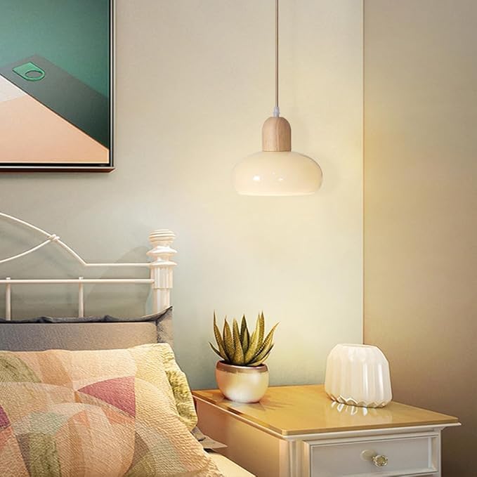 Glass Dome Pendant Light Cream Glass Hanging Ceiling Lamp Kitchen Island Pendant Lighting, Modern Wood Suspended Lights for Dining Table Bedroom Living Room Restaurant 7.87″ Pendant Lamps