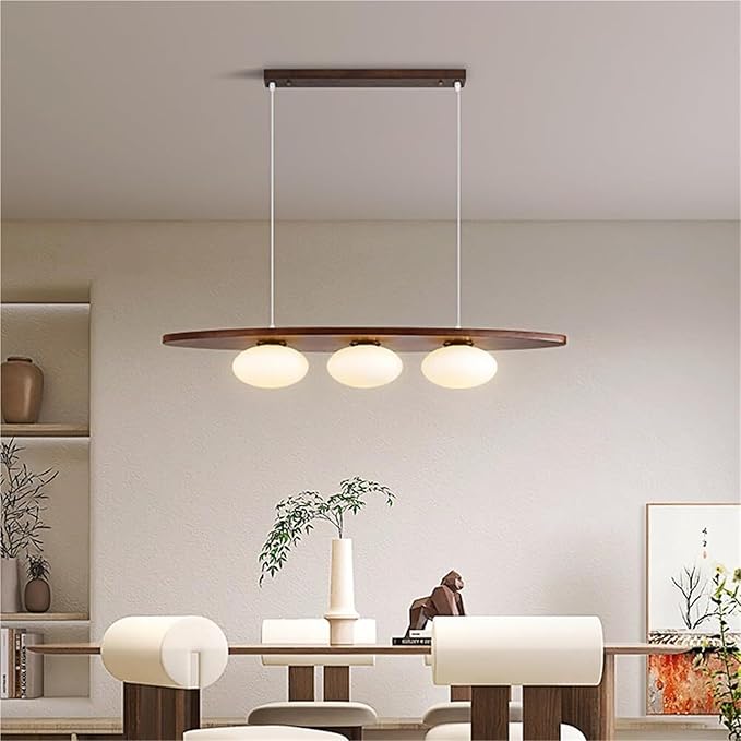 Scandinavian Modern Wood Pendant Light, 3-Light Linear Hanging Fixture with White Glass Globes for Dining Room Kitchen Island, Wood Finish, Adjustable(Walnut)