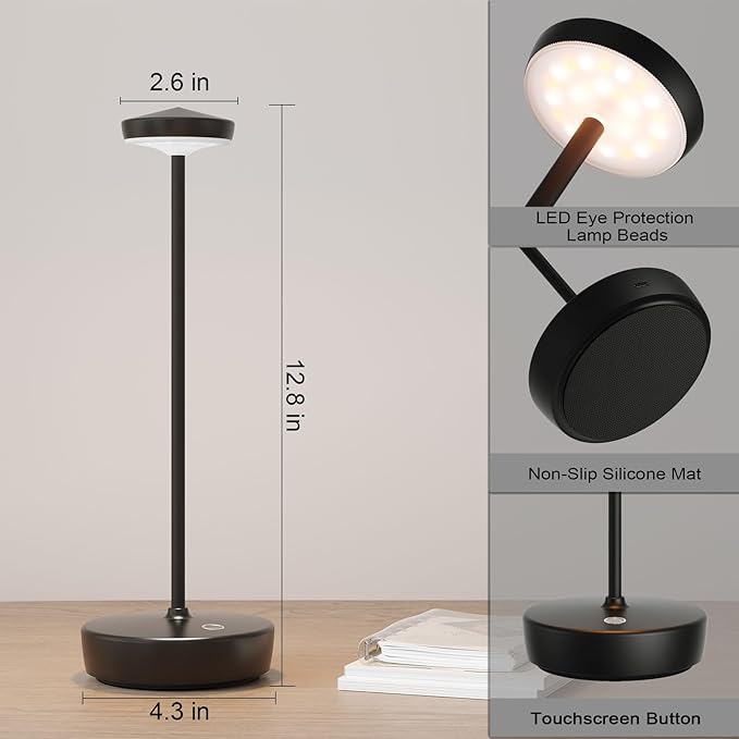 Rechargeable LED Cordless Table Lamp,5000 mAh Touch Outdoor Table Lamp,Portable Battery Operated Table Light,with Memory Function Dimmable for Restaurant,Home,Outdoor(Black)