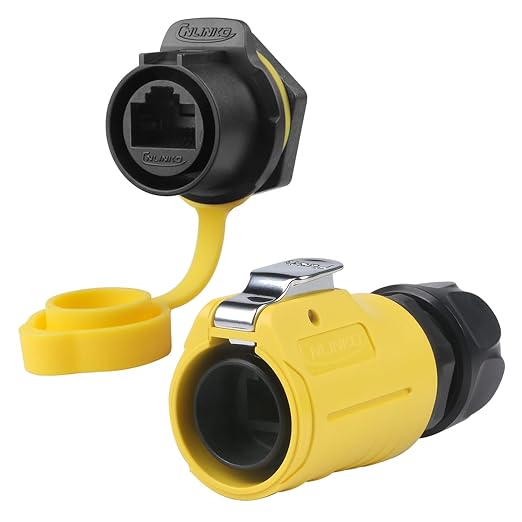 CNLINKO LP-20 RJ45 Waterproof Connector Set, CAT6 Ethernet Connector 8P8C Dual Port Panel Mount Receptacles Socket IP68 Waterproof (Yellow Single-Hole Set)