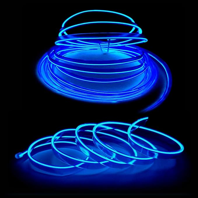 MaxLax Blue LED Neon Car Interior Lighting Strip - 3 Meter Flexible 12V EL Wire with Built-in Fuse Protection for Automotive Interior Customization, Featuring 6mm Sewing Trim for Easy Installation.