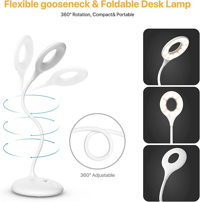 Rechargeable Desk Lamp Cordless with 3 Color Modes, Touch Control 30 LEDs Table Lamp, Stepless Dimming Reading Light, 360° Flexible, Portable Eye-Caring Sleep Aid for Dorm Study Office Bedroom