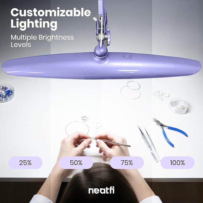 Neatfi XL LED Desk Lamp with Clamp, 2200 Lumens, 24W, 20-Inch Wide Head, Dimmable 4 Brightness Levels, Task Light for Home Office, Crafts, Workbench (Non-CCT, Lavender)