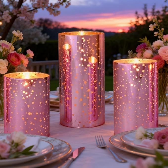 Pink Flameless LED Candles with Remote – Mercury Glass, Real Wax, Warm White Flicker, 500+ Hrs, Easter & Spring Decor for Women, Valentine's Day. Batteries Included