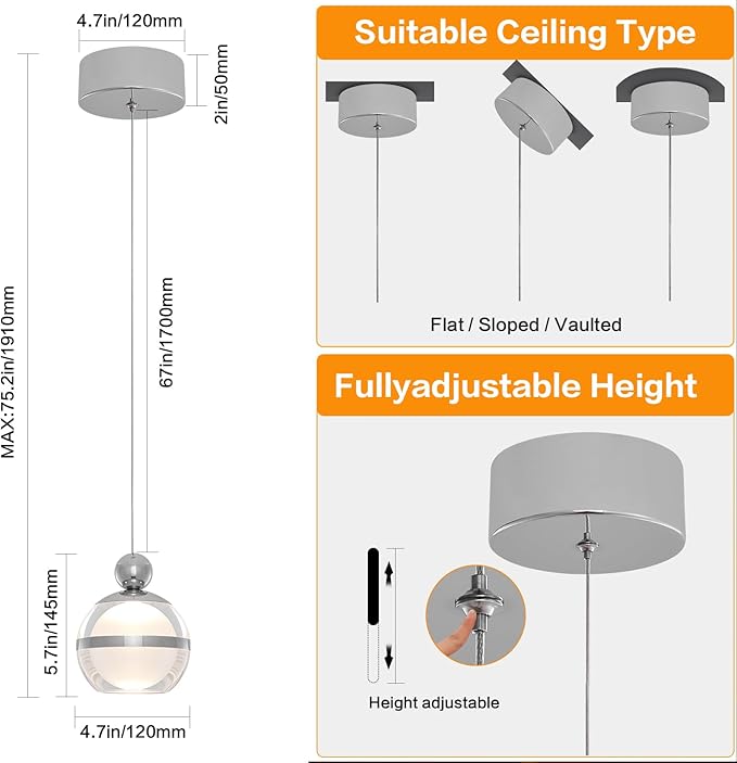 Modern Kitchen Pendant Lights, 1-Light Chrome Silver Globe Acrylic Ceiling Hanging Pendant Light Fixtures, LED Pendant Lights Kitchen Island for Dining Room Living Room Bedroom Bathroom