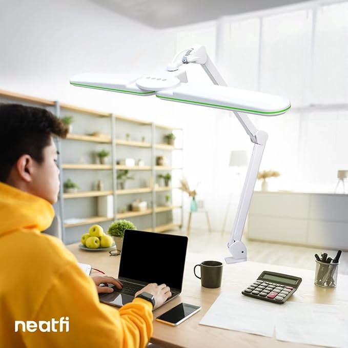 Neatfi Elite HD XL LED Desk Lamp, 3 Light Modes, 90PCS SMD LED, Non-Polar Dimming, Bright Eye-Caring Lighting for Home Office, Drafting, Beauty Shop, Workbench (CCT with Clamp, Green Ring, 17 Inches)