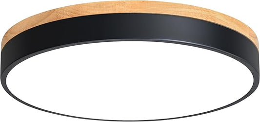 Dimmable Wood LED Flush Mount Ceiling Light, 5CCT 2700K-6000K Modern Black Close to Ceiling Lighting Fixtures, Minimalist Round Ceiling Lamp for Living Room, Bedroom, Laundry Room