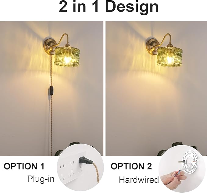Plug in Wall Sconce Set of 2, Gold Vintage Wall Decor Lights with Green Ripple Glass Shade, Indoor Brass Corded Wall Lamp Fixture for Bedroom Living Room Bathroom Hallway