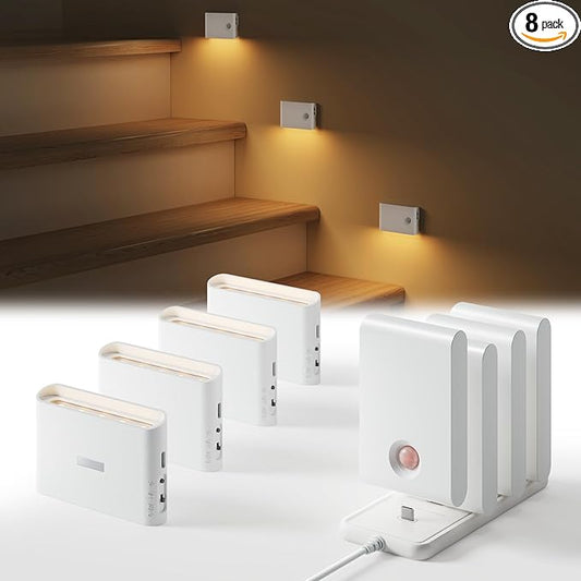 EZVALO Motion Sensor Light Indoor, 1500mAh Rechargeable Stair Lights, Magnetic & Dimmable, 3000K Soft White, Wireless Night Lights for Hallway, Stairway, Bathroom, Bedroom, 8 Pack