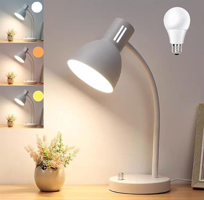 AFORTLO LED Desk Lamp,3 Color Temperature Changeable Table Lamp,Flexible Gooseneck Eye-Caring Book Reading Light for Home Office, Study, Nightlight with Bulb (White)