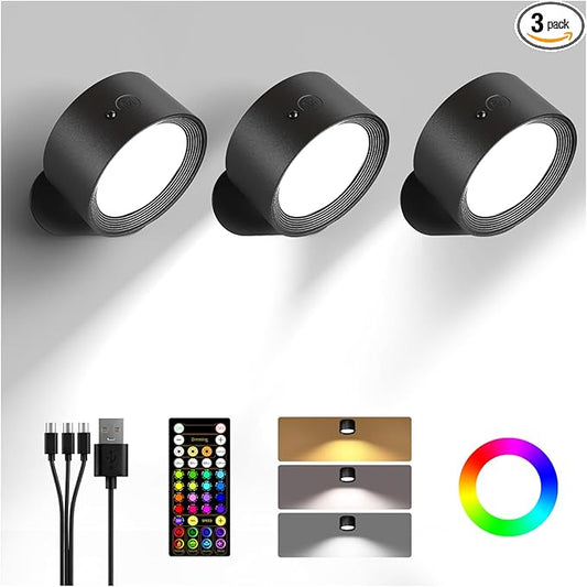 Wall Mounted Lights, 3 Pack Rechargeable RGB Color Changing Light, 3 Color Temps & Remote and Touch, 360°Rotation Dimmable Cordless for Study Bedroom Reading Bedside (Black)