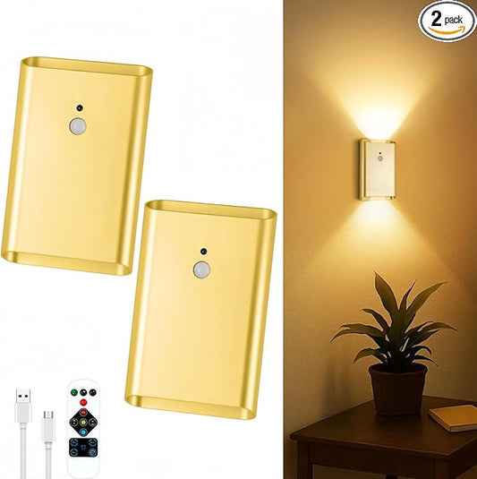 Battery Operated Wall Sconce Set of 2: 5000mAh Rechargeable Motion Sensor Night Light Indoor, 3CCT Dimmable Wireless Wall Lights Magnetic LED Up and Down Wall Lamp for Bedroom Closet Stair, Gold