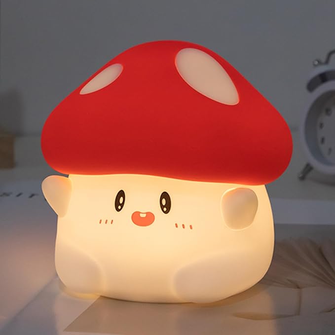 Cute Mushroom Lamp, 2 Levels Dimmable Mushroom Night Light with Timer, Rechargeable Kids Night Light for Baby Nursery, Kawaii Squishy Night Light Mushroom Decor for Kids Room Bedroom (Red)