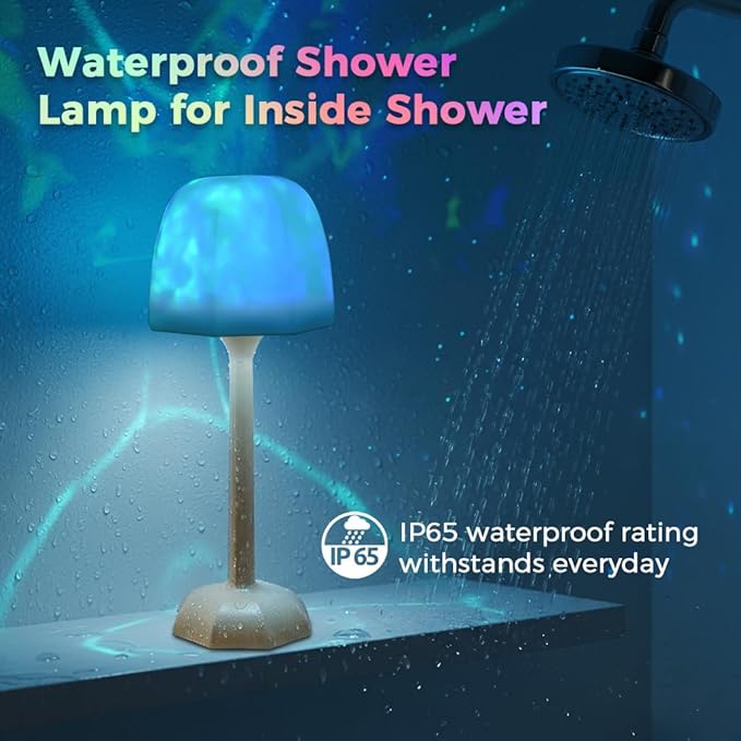 RICHMYC Waterproof Shower Lamp with Remote, 16 Colors Ocean Wave Projector Lamp for Bathroom, Cordless Rechargeable Night Light, Ambient Mood Lighting for Inside Shower, Bathtub, Spa