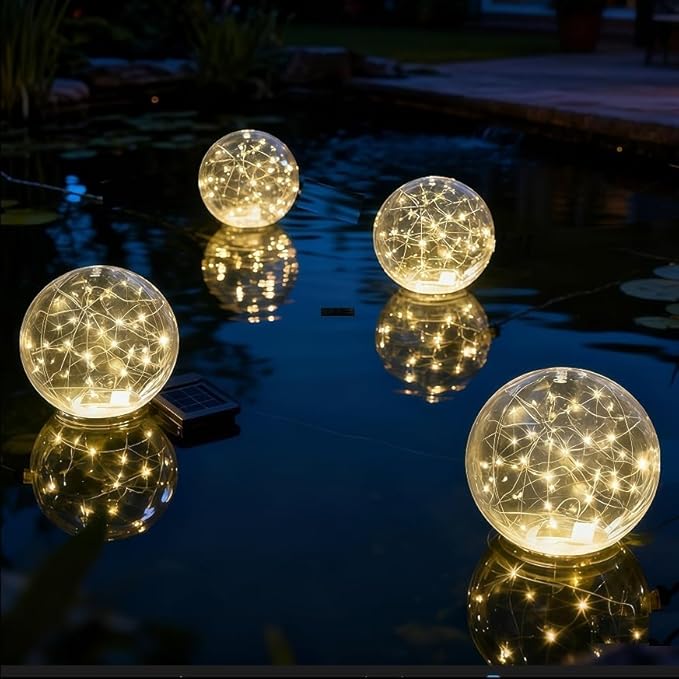 Floating Pool Lights Solar Powered - 14" Inflatable Waterproof Floating Pool Balls Light That Float for Party, Outdoor Pond/Patio Decorations (Warm-White, 4 Pack)