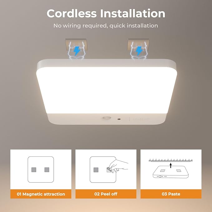 FULEN Motion Sensor Ceiling Light Fixture, Cordless Closet Light Battery Operated, Rechargeable Magnetic Mount LED Shower Light for Bathroom,Stairs,Garage,Hallway,3 Color Temperatures,Remote Control