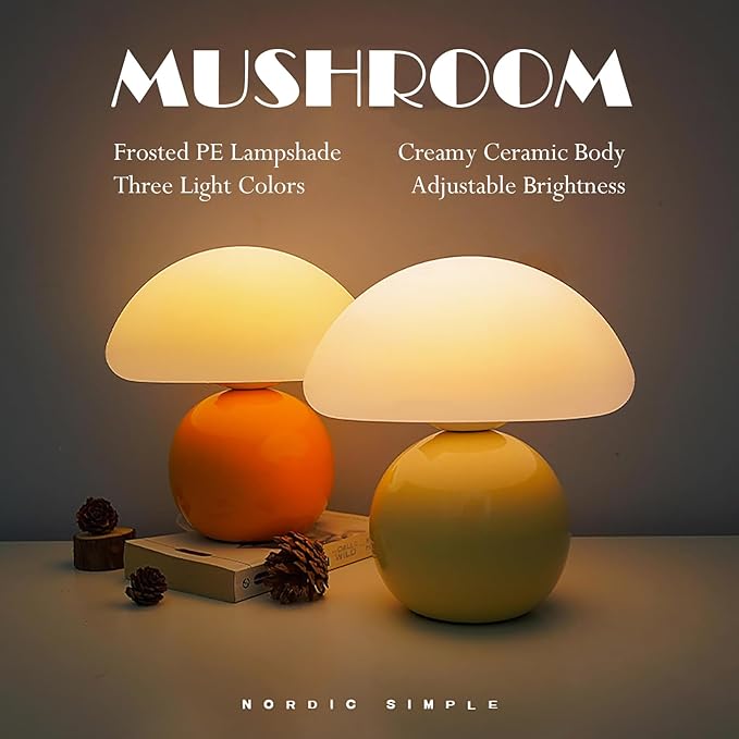 Cute Small Mushroom Lamp, PE Lampshade, Ceramic Base, Adjustable Light Color and Brightness with Power-Off Memory, Safe USB Powered, LED Mushroom Light for Bedroom Living Room (Yellow)