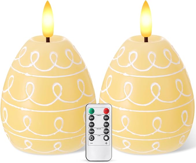 Baquler 2 Pcs Easter Egg Flameless Candles with Timer Egg Shape LED Candle Real Wax Battery Operated Flickering LED Candles Gift No Battery for Easter Party Living Room Home Decor (Yellow)