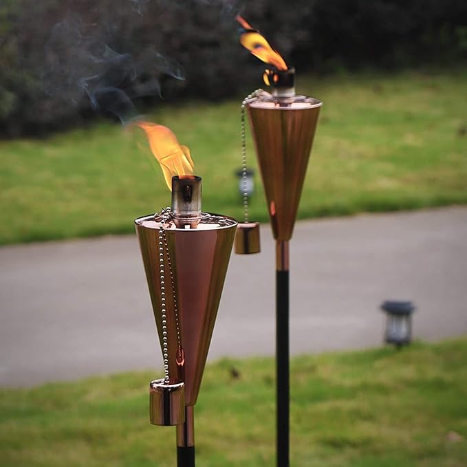 FAB BASED 55 Inch Outdoor Oil Torch Lamp–Set of 4 Pieces Rustproof Stainless Steel Citronella Torches, 12.17 oz, Includes Funnel & Fiberglass Wicks for Patio Garden Backyard (Rose Gold)