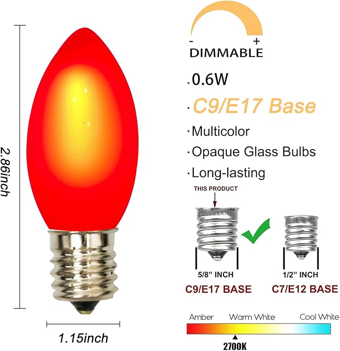 GOOTHY 25 Pack Multicolor C9 Led Christmas Light Bulbs, C9 Replacement Bulbs for Christmas Outdoor String Lights, E17 Base LED Bulbs, 0.6W Ceramic Led Night Light Bulb, 2700K Warm White -Multicolor