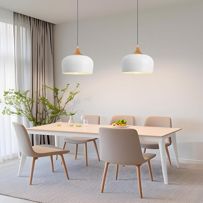 Modern White Pendant Light, Nordic Wooden Dome Minimalist Style Light fixtures Ceiling Hanging,Mini Chandelier for Dining Room, Kitchen Island, Bedroom, Hallway