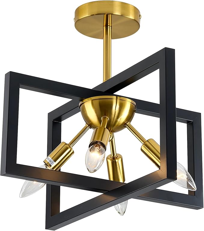 ZGLAOJT 4-Lights Ceiling Light Fixture Modern Black and Gold Semi Flush Mount Ceiling Lighting Matte Chandelier for Bedroom Kitchen Foyer Hallway Living Room Farmhouse