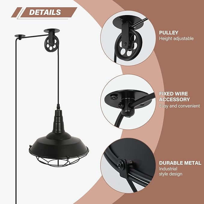 Farmhouse Black Metal Wire Cage Plug in Pulley Pendant Lights with 19.4ft Adjustable Cord On/Off Switch, Industrial Vintage Barn Hanging Ceiling Light for Kitchen Island Hallway Foyer (2 Pack)