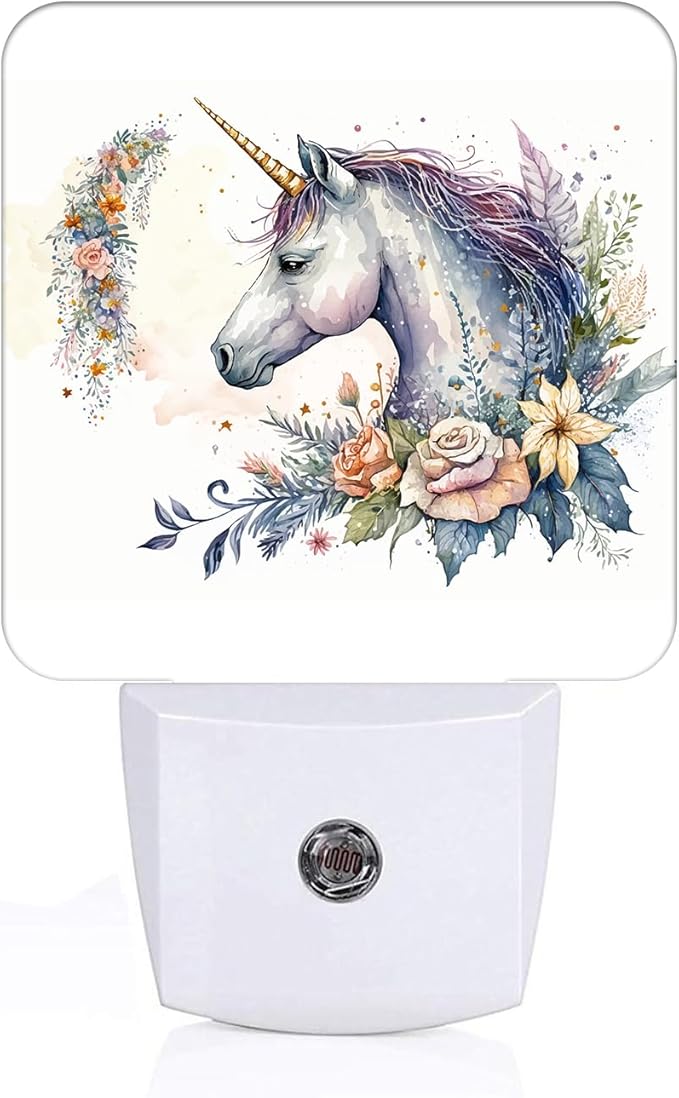 Watercolor Magic Unicorn and Flowers Night Light,Plug-in Night Lights with Dusk to Dawn Sensor for Stairway,Hallway,Bedroom Sleep Friendly Ideal for Women/Girls/Boys Gift,0.5w