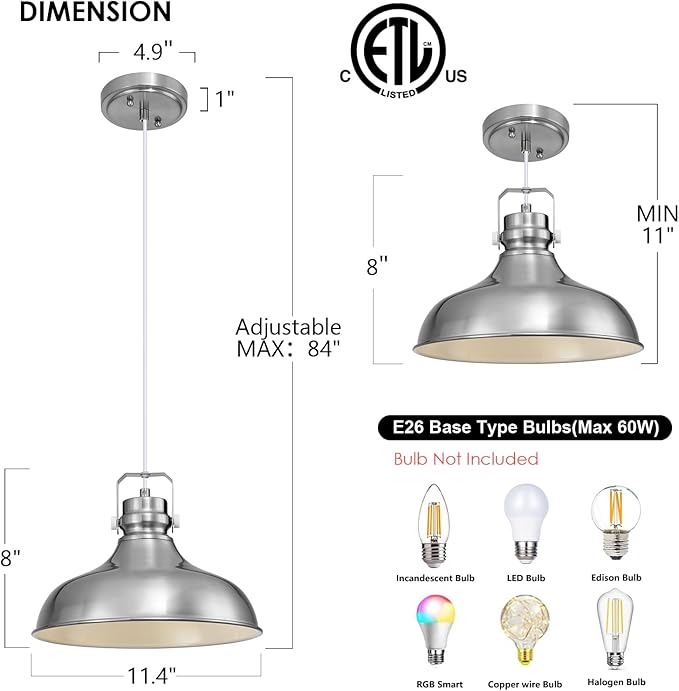 Brushed Nickel Farmhouse Pendant Lights Matte Pendant Lighting for Kitchen Island Industrial Adjustable Height Vintage Dome Hanging Light Fixtures for Barn, Dining Room 3 Packs