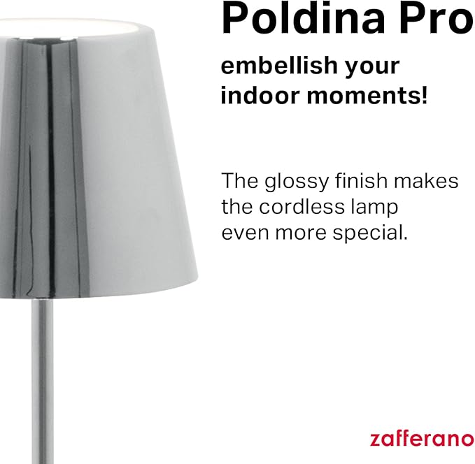 Zafferano, Poldina Pro Lamp with with Glossy Chrome Finish, Rechargeable Cordless Table Lamp with Touch Controls, Usable as an Indoor Lamp, Dimmer, 2200-3000 K, Height 14.9 Inches